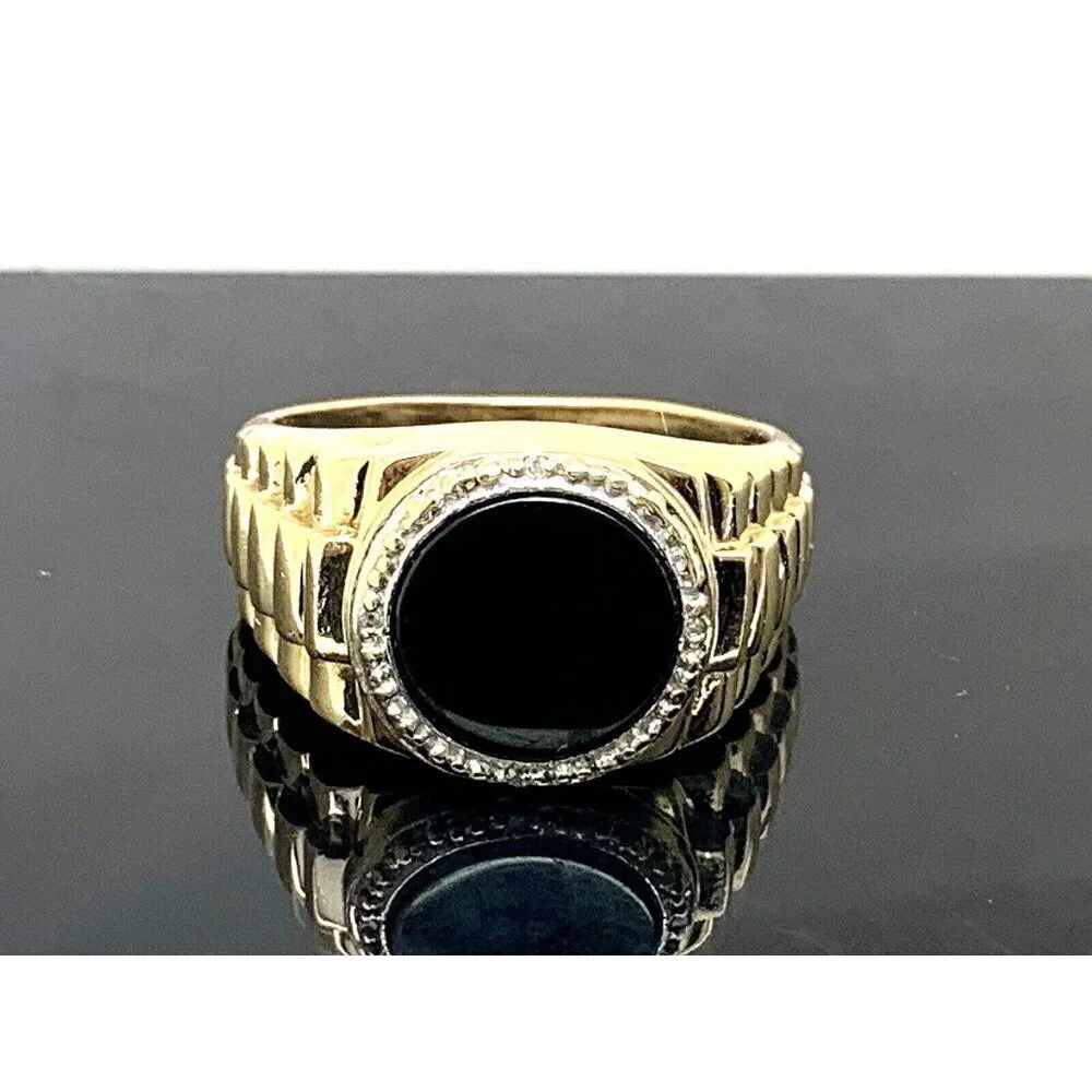 Rolex Style Ring 10k Yellow Gold Diamond Onyx Statement Cocktail Men's S…